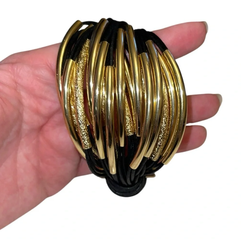 SAACHI Black & Gold Multi-Strand Bracelet - Black Cord with Gold Tube Beads